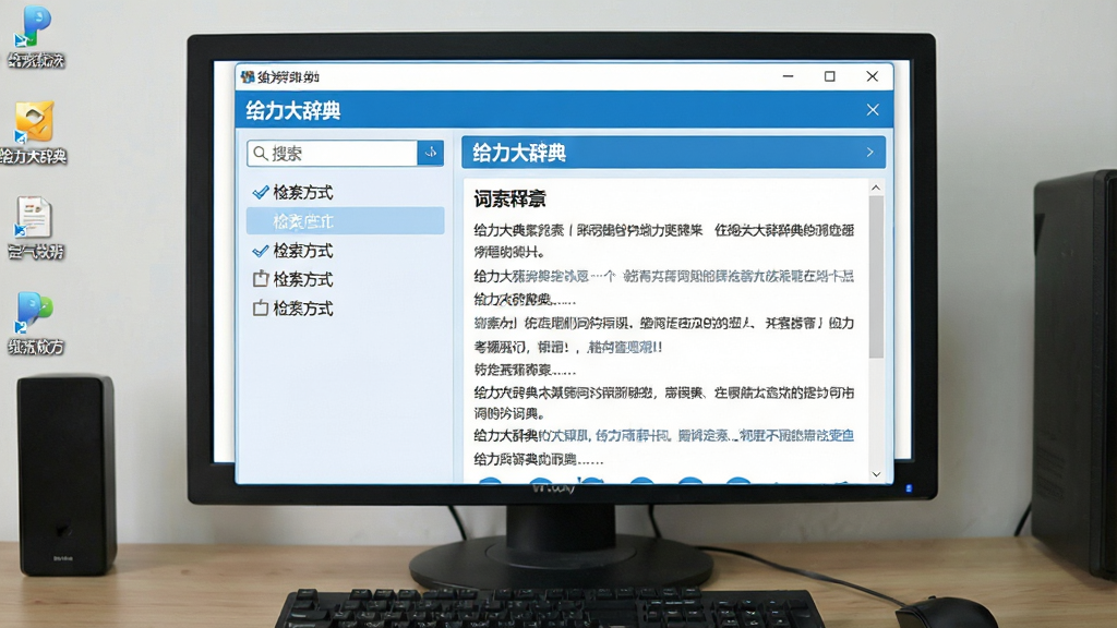 一张展示给力大辞典软件主界面的图片,画面中央是软件窗口,窗口内显示词典查询界面,左侧为搜索框和检索方式选项,右侧为词条释义内容,界面风格简洁清爽,配色以蓝白为主,背景为电脑桌面环境,整体风格真实自然,细节清晰,画质干净,无多余元素,图片中文字为“给力大辞典”