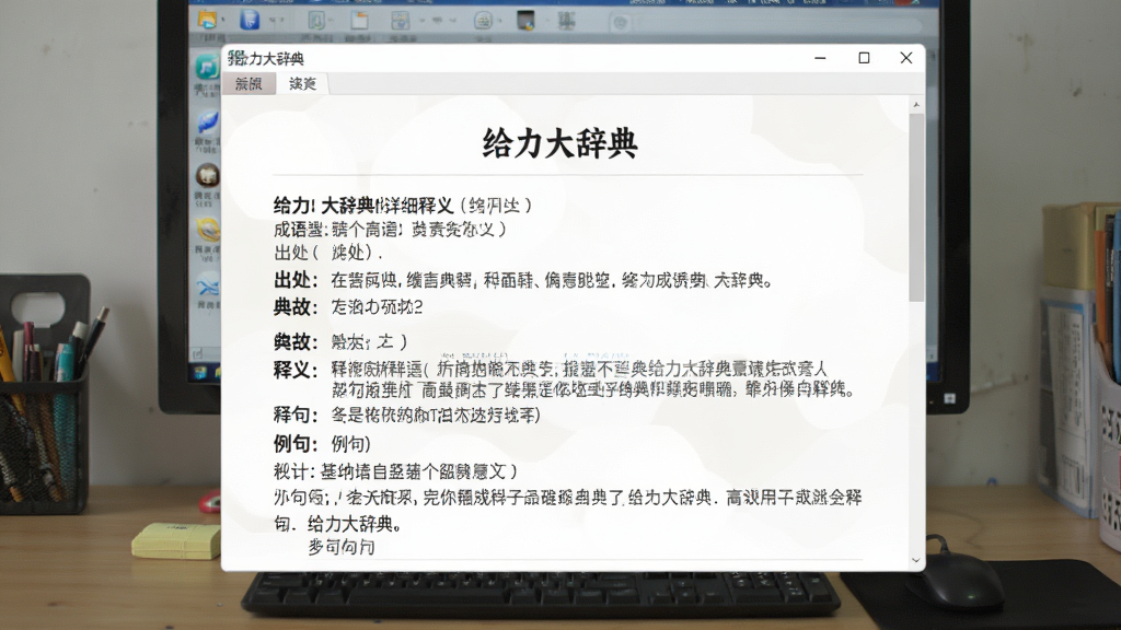一张展示给力大辞典详细释义内容的图片,画面中软件窗口内显示一个成语词条的完整释义页面,包含出处、典故、释义、例句等内容,文字排版层次分明,界面风格素雅,背景为电脑桌面,风格真实自然,细节丰富,画质干净,无多余元素,图片中文字为“给力大辞典”