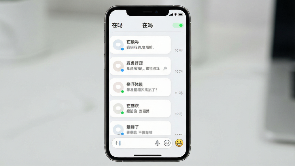 一张展示“在吗”聊天软件主界面的高清手机截图,画面中央是简洁的会话列表,顶部有“在吗”软件名称和绿色在线状态点,底部有消息输入框和表情按钮,界面采用浅色主题搭配圆角卡片设计,风格清新现代,细节清晰,画质干净,无多余元素,适合作为软件下载页面预览图
