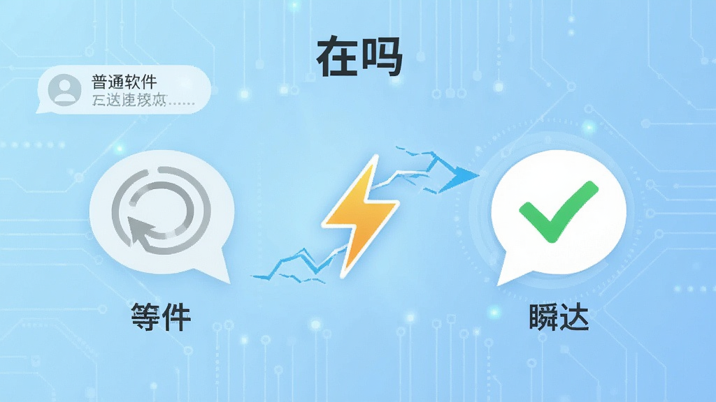一张展示“在吗”软件消息发送速度对比的示意图,画面左侧是普通聊天软件转圈等待的图标,右侧是“在吗”软件瞬间打勾送达的图标,中间用闪电符号连接,背景为浅蓝色科技感渐变,风格简洁直观,细节清晰,画质干净,无多余元素