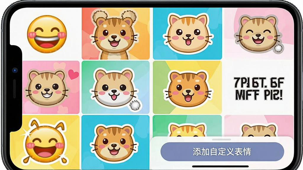一张展示“在吗”软件表情包面板的手机界面图,画面中排列着多款热门表情包和贴纸,包括笑脸、动物、文字梗图等,面板采用网格布局,色彩丰富活泼,界面底部有“添加自定义表情”按钮,风格可爱生动,细节清晰,画质干净,无多余元素
