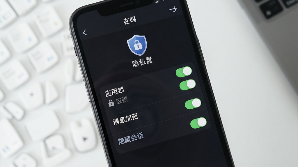 一张展示“在吗”软件隐私设置页面的手机截图,画面中有“应用锁”“消息加密”“隐藏会话”等选项开关,界面采用深色主题搭配盾牌图标,突出安全感,风格沉稳专业,细节清晰,画质干净,无多余元素