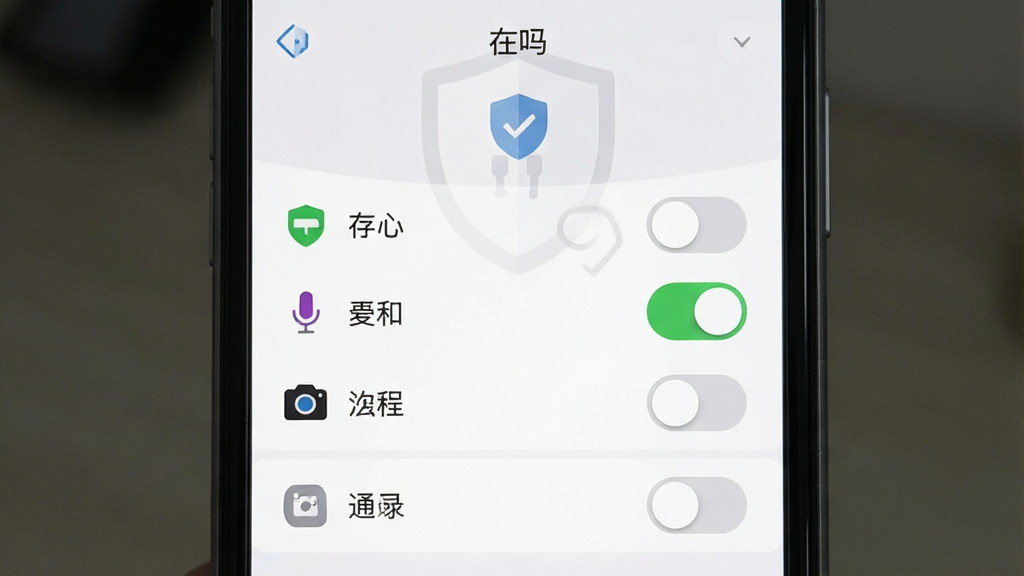 一张展示“在吗”软件权限设置界面的手机截图,画面中有存储、麦克风、相机、通讯录等权限开关,其中存储和麦克风为开启状态,通讯录为关闭状态,界面采用浅色主题搭配盾牌安全图标,风格简洁明了,细节清晰,画质干净,无多余元素