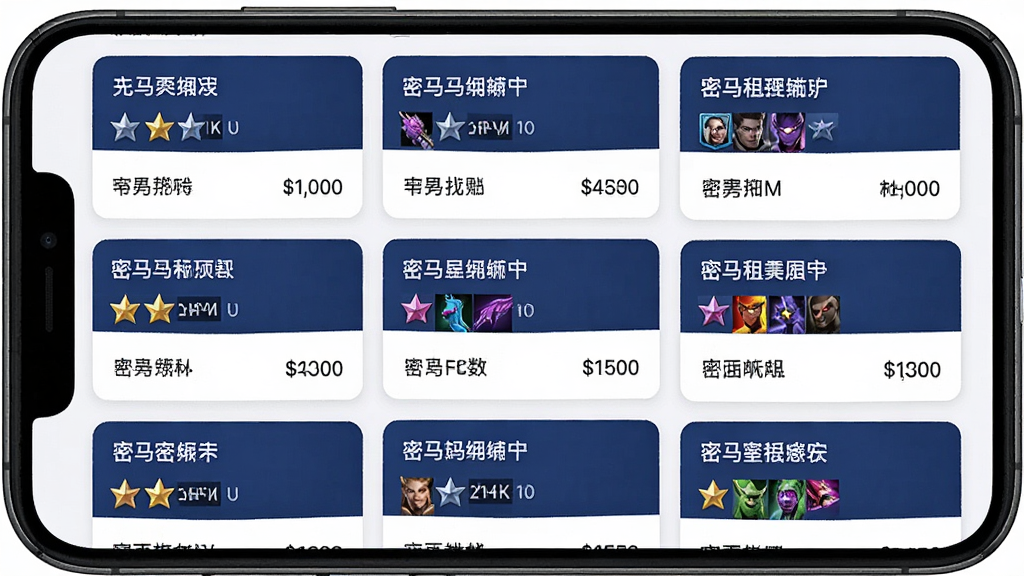 一张展示密马租号账号列表页面的手机界面图,画面中整齐排列着多个游戏账号卡片,每张卡片上标注游戏名称、段位图标、皮肤数量和租金价格,界面采用卡片式布局,配色以深蓝和白色为主,文字清晰,画质干净,无多余元素