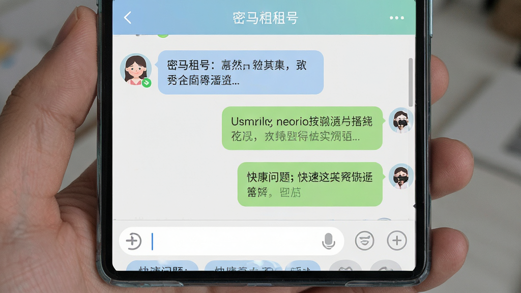 一张展示密马租号在线客服聊天界面的手机截图,画面中显示客服对话窗口,左侧为用户消息,右侧为客服回复,底部有输入框和快捷问题按钮,界面配色柔和,文字清晰,画质干净,无多余元素