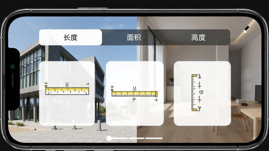 多功能随身精准测距测量仪多模式测量界面,手机屏幕显示长度、面积、高度三个选项卡,画面中分别有对应的测量示意图,背景为户外建筑和室内空间结合,风格简洁直观,画质干净,无多余元素。