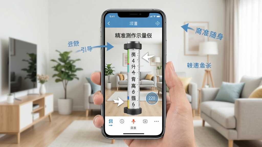 多功能随身精准测距测量仪新手操作示意图,手机屏幕显示测量界面,画面中有引导箭头和文字提示,背景为家居环境,风格清新简洁,画质干净,无多余元素。