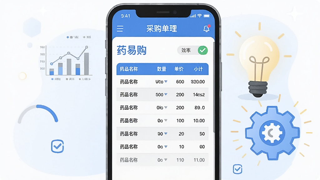 ����չʾ��ҩ�׹���Ӧ���еĲɹ����������棬�ֻ���Ļ������һ�Ųɹ��嵥���񣬰���ҩƷ���ơ����������ۡ�С�Ƶ��ֶΡ��ֻ��Ա߷���һ������ĵ���ͼ��ͳ���ͼ�꣬����������Ч�ʡ�������Ϊ��ƽ������廭�����׻���ɫ��ϸ�ڰ�������ͼ������ѡ��ǣ����ʸ��壬�ɾ����ࡣ