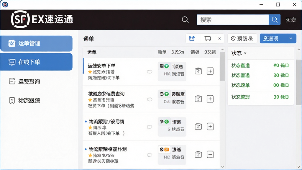 顺丰速运通软件主界面截图,画面中央展示软件完整窗口,左侧为功能导航栏包含运单管理、在线下单、运费查询、物流跟踪等菜单,右侧为主操作区域显示运单列表和状态信息,顶部为顺丰速运通品牌标识和搜索框,整体布局清晰整洁,风格简约商务,细节包括蓝色主色调、白色背景、图标精致、文字清晰可辨,画质高清干净无多余元素