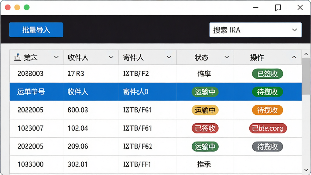顺丰速运通批量运单管理功能界面,画面展示软件窗口内运单列表表格,包含运单号、收件人、寄件人、状态、操作等列,状态栏用不同颜色标签区分已签收、运输中、待揽收,顶部有批量导入按钮和搜索筛选框,界面风格简洁商务,蓝色高亮选中行,细节包括表格线条清晰、图标精致、文字锐利,画质高清干净无多余元素