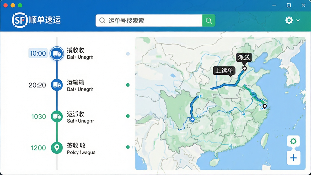 顺丰速运通物流轨迹跟踪界面,画面展示软件窗口内物流时间轴和地图轨迹,时间轴显示揽收、运输、派送、签收等节点,地图上标注运单当前所在位置和运输路线,顶部有运单号搜索框,界面风格清新明亮,蓝色和绿色为主色调,细节包括时间轴节点图标精致、地图路线清晰、文字锐利,画质高清干净无多余元素