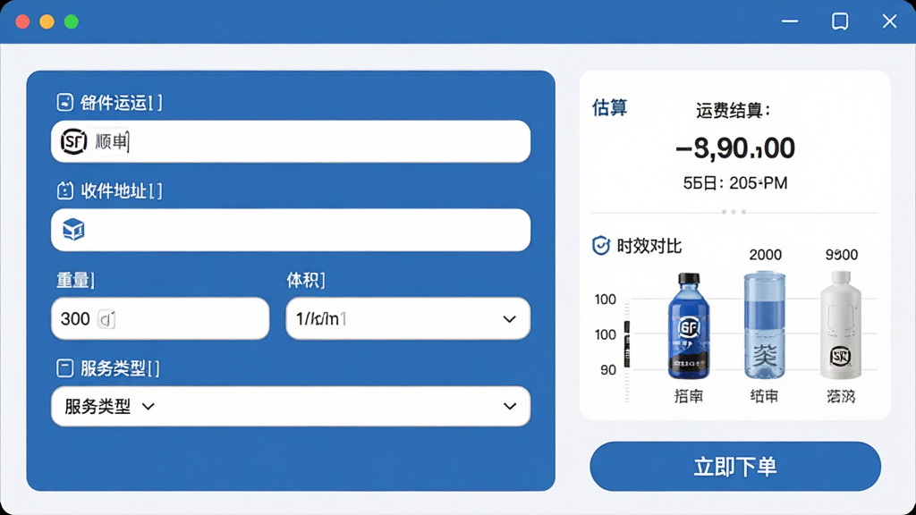 顺丰速运通在线下单与运费估算界面,画面展示软件窗口内运费估算表单,包含寄件地址、收件地址、重量、体积、服务类型下拉菜单,右侧显示运费估算结果和时效对比,底部有立即下单按钮,界面风格清爽简洁,蓝色主色调,细节包括输入框圆角设计、图标精致、文字清晰,画质高清干净无多余元素