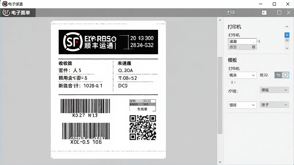 顺丰速运通电子面单打印功能界面,画面展示软件窗口内面单预览区域和打印设置面板,面单上包含顺丰速运通品牌标识、收寄件人信息、条形码、二维码,右侧为打印机选择和模板设置选项,界面风格简约专业,细节包括面单白色背景、文字清晰、条形码锐利,画质高清干净无多余元素