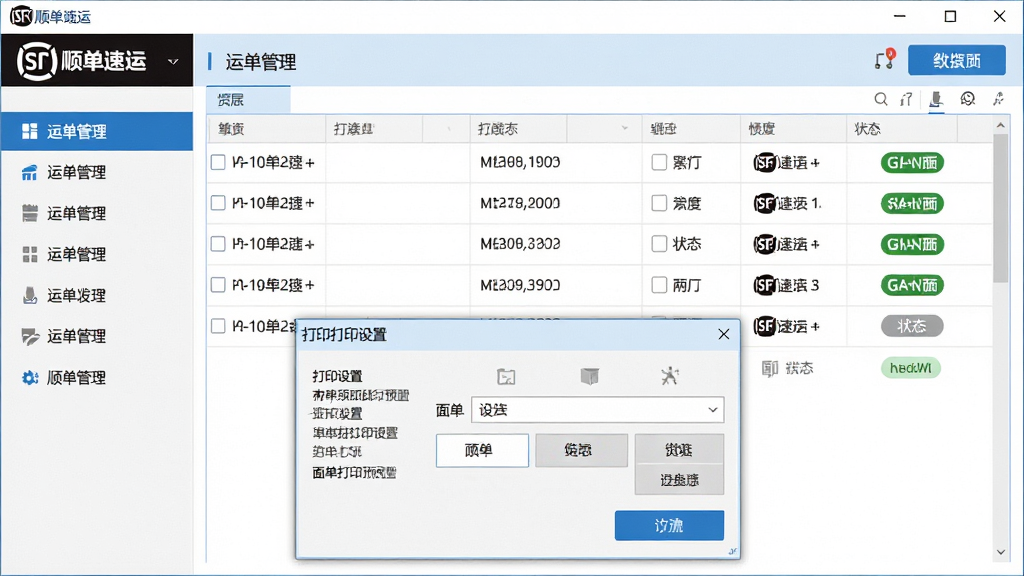 顺丰速运通电脑端操作界面截图,画面展示软件窗口内运单管理页面和面单打印预览,左侧导航栏高亮显示运单管理,右侧表格展示多条运单及状态标签,底部弹出打印设置对话框,界面风格商务简洁,蓝色主色调,细节包括表格线条清晰、按钮图标精致、文字锐利,画质高清干净无多余元素