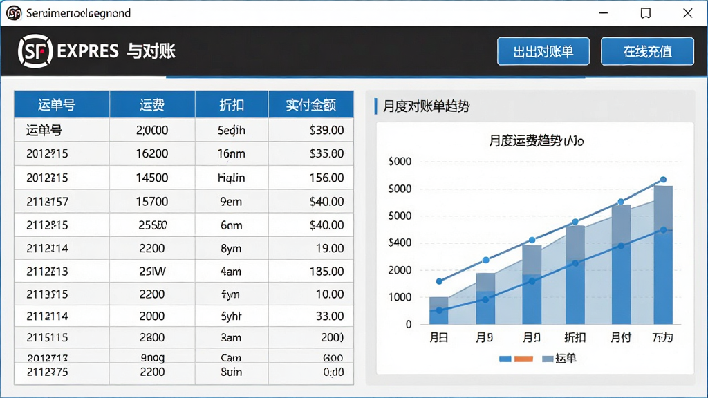 顺丰速运通费用结算与对账界面,画面展示软件窗口内费用明细表格和月度对账单图表,表格包含运单号、运费、折扣、实付金额等列,图表展示月度运费趋势,顶部有导出对账单和在线充值按钮,界面风格商务简洁,蓝色和灰色为主色调,细节包括表格线条清晰、图表配色协调、文字锐利,画质高清干净无多余元素