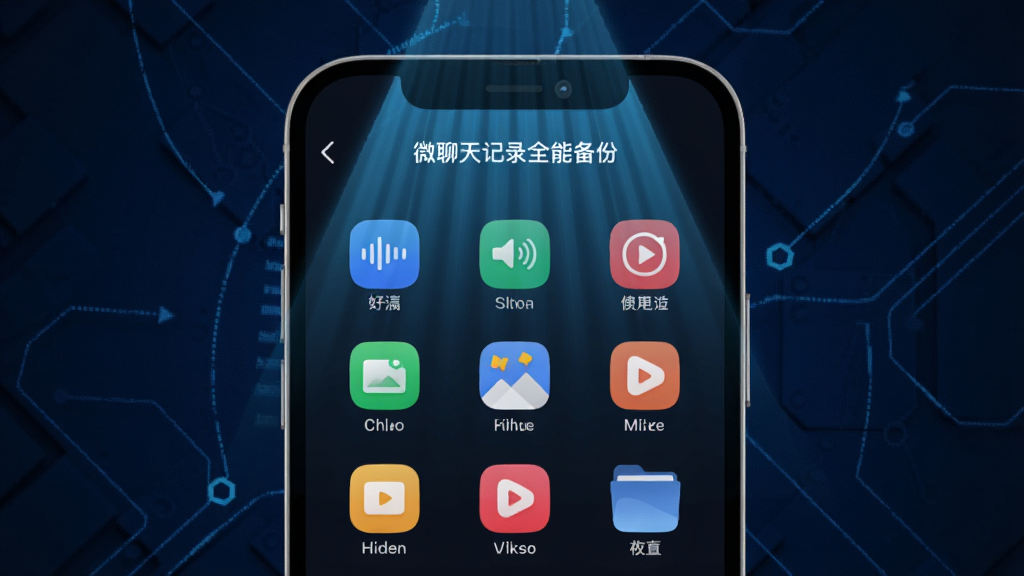 一部手机屏幕中显示“微聊天记录全能备份”的数据扫描界面,界面内以网格形式排列着文字、语音、图片、视频、文件等彩色图标,扫描光束从手机顶部向下覆盖,背景为深蓝色科技纹理,主体突出,布局居中,风格现代简约,画质清晰,无多余元素