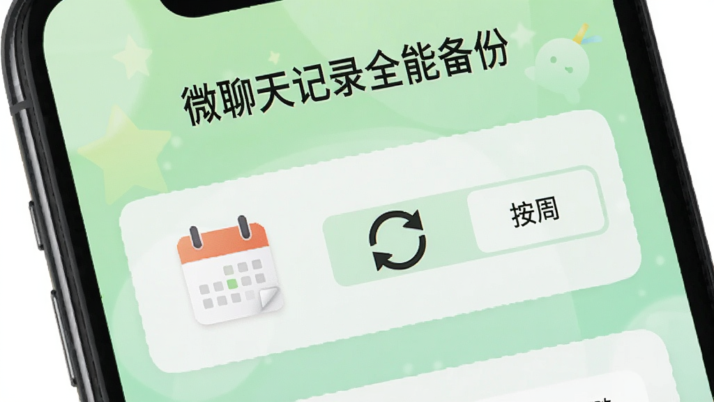 手机屏幕显示“微聊天记录全能备份”的备份计划设置界面,界面中有一个日历图标和循环箭头标识,旁边显示按天、按周选项,背景为浅绿色渐变,布局清晰,风格轻快,画质干净,无多余元素