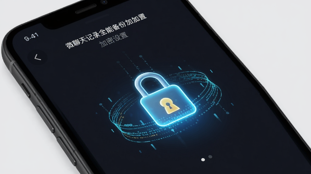 一部手机屏幕显示“微聊天记录全能备份”的加密设置页面,页面中央有一把发光的锁形图标,锁周围环绕着数据流线条,背景为深色护眼模式,主体突出,布局简洁,风格安全稳重,画质清晰,无多余元素