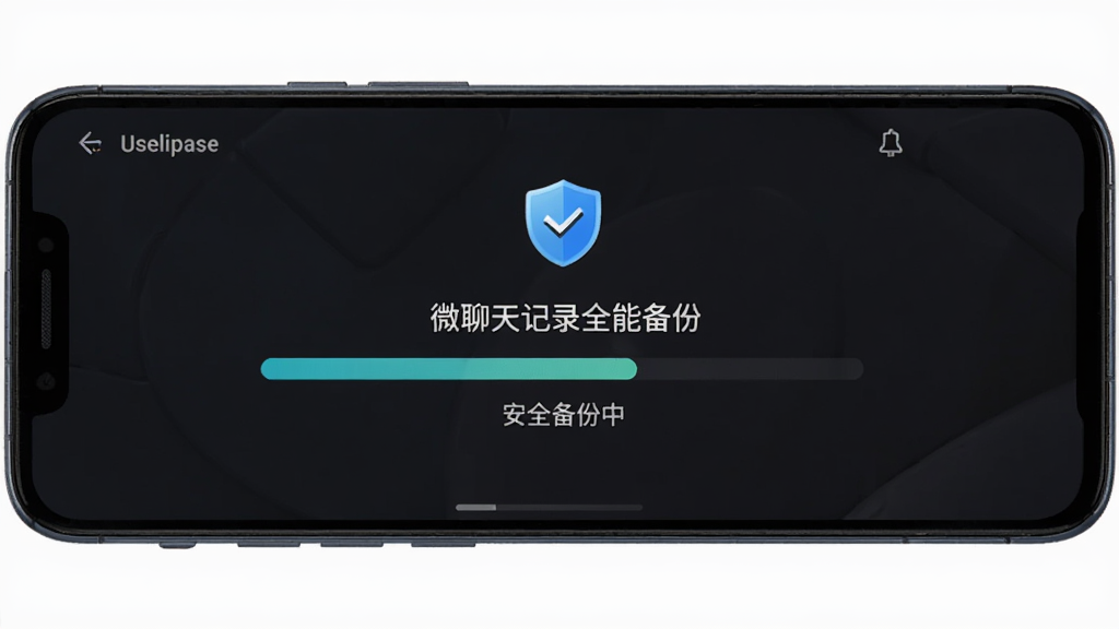 一部安卓手机屏幕显示“微聊天记录全能备份”的备份进度条界面,进度条上方有盾牌图标,下方有“安全备份中”字样,背景为深色护眼模式,主体突出,布局居中,风格安心可靠,画质清晰,无多余元素