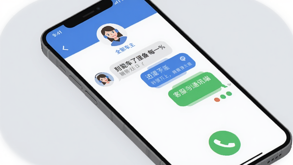 一张展示全能车主端客服与通讯功能的AI图片,画面中一部手机屏幕显示聊天对话框和电话图标,对话框上方有客服头像,背景为柔和的浅灰色,风格为简洁扁平化设计,细节包括消息气泡和状态提示,画质干净清晰,无多余元素
