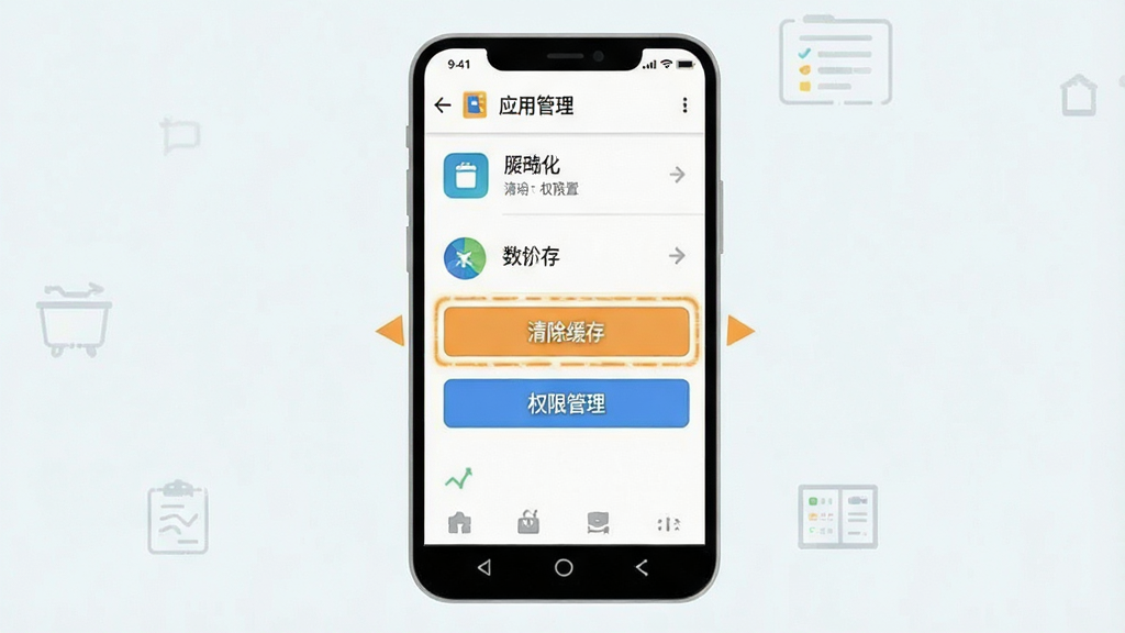 一张展示手机清理缓存和权限设置界面的示意图,画面中手机屏幕显示应用管理页面,高亮标注“清除缓存”和“权限管理”按钮,背景为简洁的浅色界面,风格为扁平化图标设计,细节清晰,画质干净,无多余元素