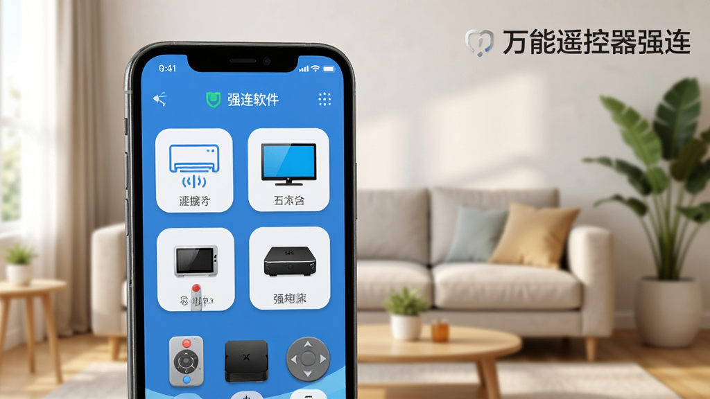 一张展示万能遥控器强连软件界面的手机模型图,手机屏幕显示着空调、电视、机顶盒等多种家电的遥控图标,布局整洁。背景是温馨的现代客厅,有沙发和绿植。风格为3D渲染,细节丰富,画质高清,干净无多余元素,图片中带有“万能遥控器强连”文字。