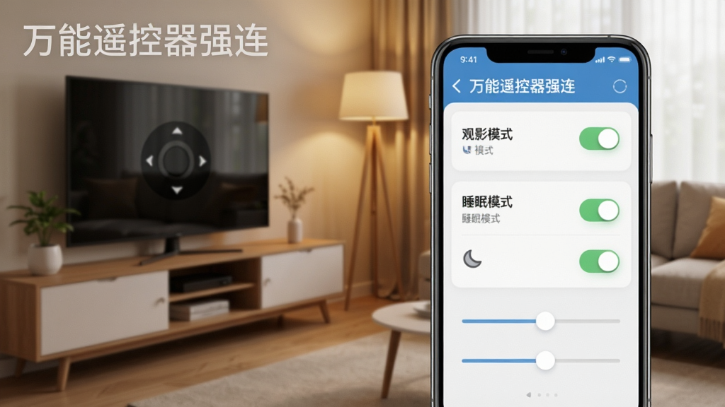 一张展示万能遥控器强连自定义场景设置界面的手机图,屏幕上有“观影模式”、“睡眠模式”等选项,旁边有开关和调节滑块。背景是温馨的客厅一角,风格现代,画质清晰,干净无多余元素,界面带有“万能遥控器强连”文字。