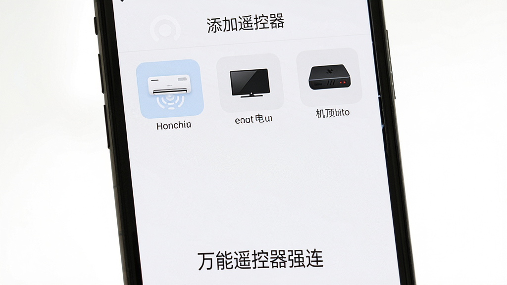 一张手机屏幕截图,显示万能遥控器强连的“添加遥控器”界面,有空调、电视、机顶盒等图标选项,界面下方有“万能遥控器强连”字样。风格简洁,画质清晰,干净无多余元素。