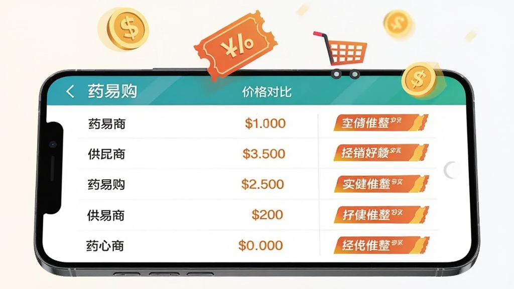 һ���ֻ�����ڻ������룬��Ļ��ʾ��ҩ�׹����۸�Ա�ҳ�棬������ж����Ӧ��������۸����֣��Ҳ��ע������ǩ���ֻ��Ϸ�Ư����ҡ��ۿ�ȯ�����ﳵͼ�꣬����Ϊ��͵�ǳɫ���䣬������Ϊ��Լ����廭���Ű�������򣬻��ʸɾ����޶���Ԫ�ء�