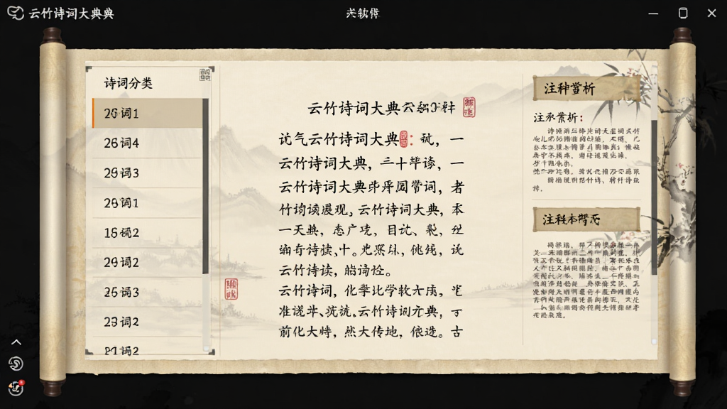 云竹诗词大典软件主界面截图,画面中央展示古典诗词阅读页面,左侧为诗词分类目录,右侧为诗词正文与注释赏析,整体采用仿古书卷风格设计,背景为淡雅米黄色,界面干净整洁,文字清晰可读,画质高清,无多余元素