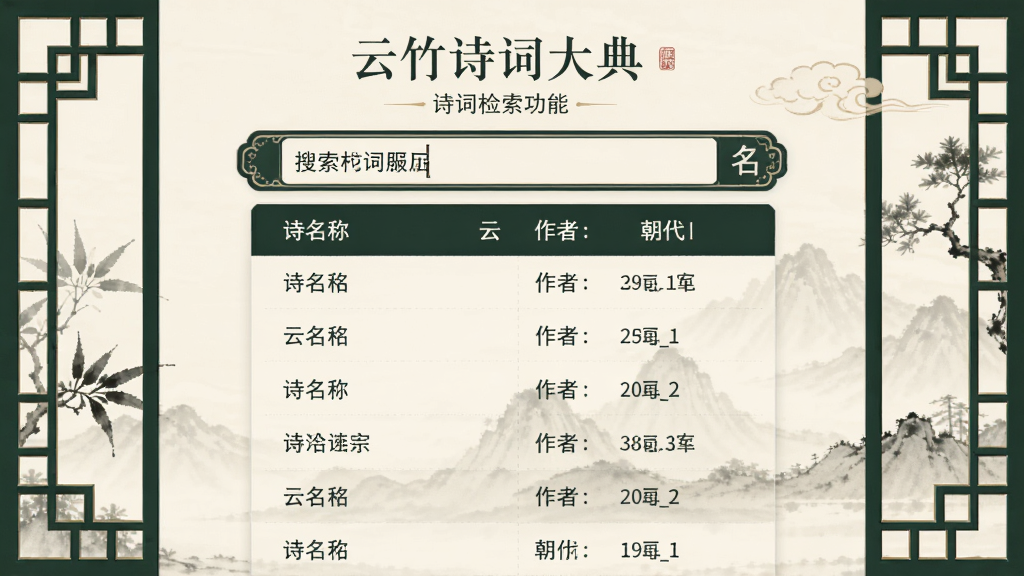 云竹诗词大典诗词检索功能界面,画面展示搜索框内输入关键词后弹出匹配诗词列表,列表包含诗名、作者、朝代信息,界面采用古典窗棂装饰元素,配色以墨绿与米白为主,风格素雅清新,画质清晰,排版整齐