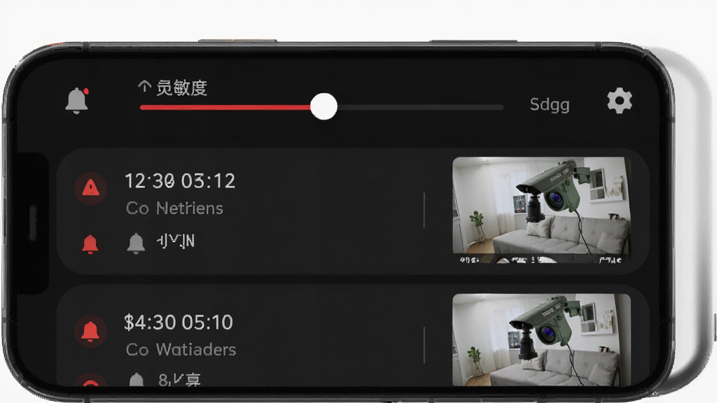 看家监控免费版手机界面显示移动侦测报警记录列表,每条记录带有时间戳和缩略图,顶部有灵敏度调节滑块,背景为深色主题的监控软件界面,风格为现代简约风,细节包括红色报警圆点、铃铛图标、设置齿轮,画面干净,画质高清,无多余元素