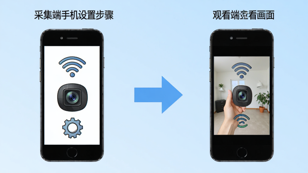 看家监控免费版操作流程图,左侧显示采集端手机设置步骤,右侧显示观看端手机查看画面步骤,中间用箭头连接,背景为浅蓝色渐变,风格为信息图表风,细节包括图标化的手机、WiFi信号、齿轮、摄像头符号,画面整洁,画质清晰,无多余元素