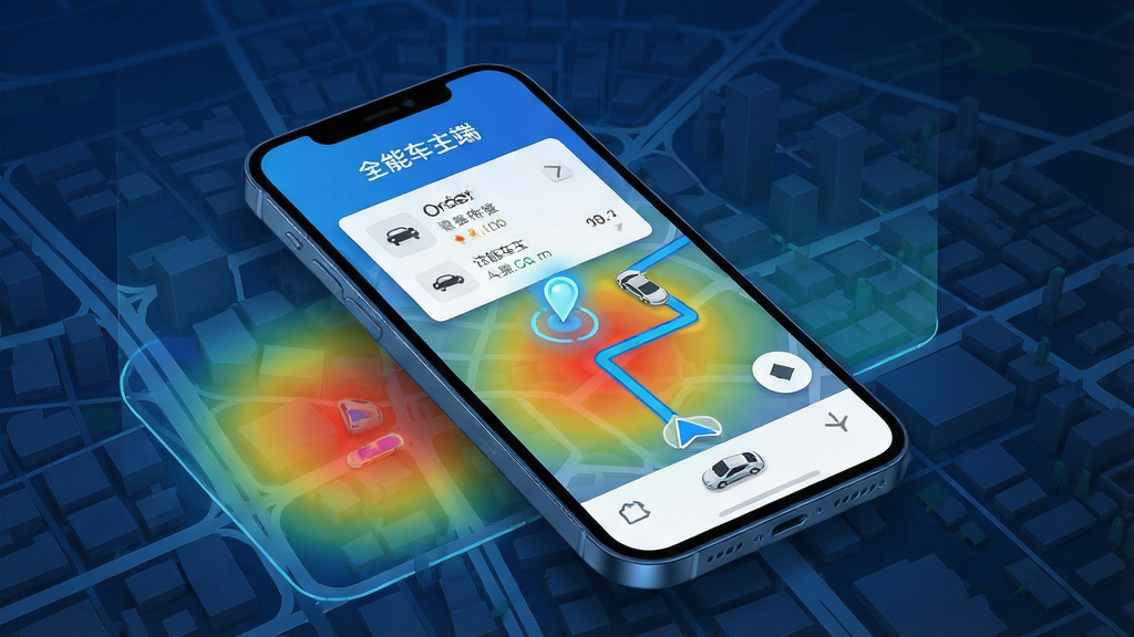 一张展示“全能车主端”智能订单推送功能的AI生图,主体为手机屏幕悬浮在虚拟城市地图上方,布局为屏幕中央显示订单卡片与导航路线,排版清晰明了,风格为科技蓝调写实风,细节包含闪烁的定位光标、热力区域与车辆行驶轨迹,画质高清,干净,无多余元素