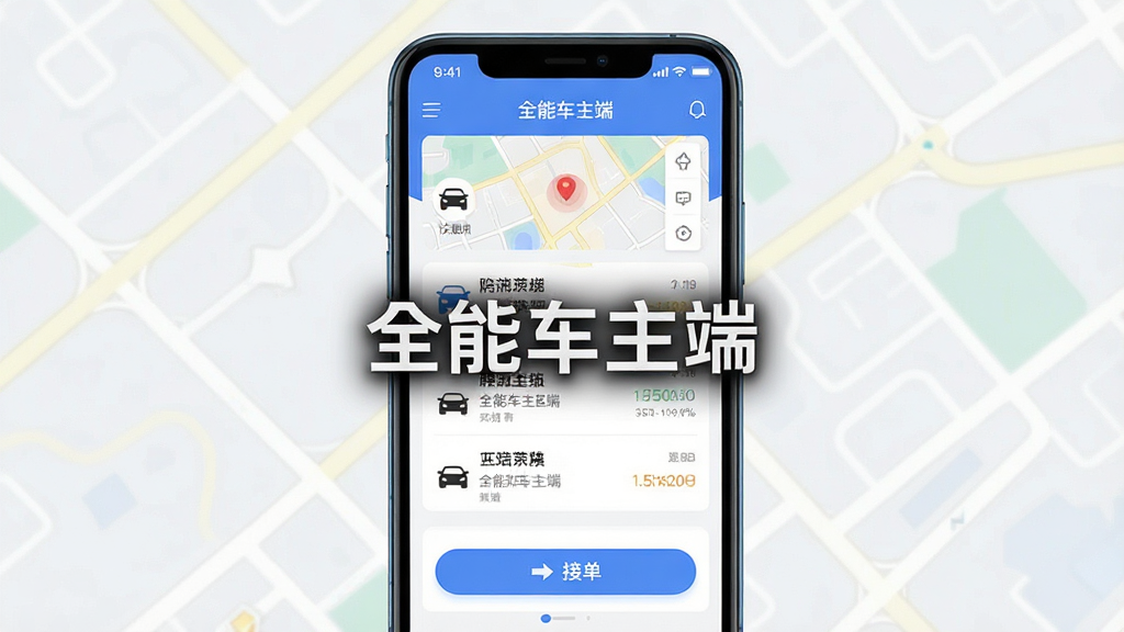 一张手机屏幕展示“全能车主端”APP主界面的预览图,画面中央清晰呈现软件名称“全能车主端”,主体为一部竖屏智能手机,布局简洁大方,排版突出订单列表与接单按钮,风格为现代科技感UI设计,细节包含地图导航元素与车辆图标,画质高清,干净,无多余元素