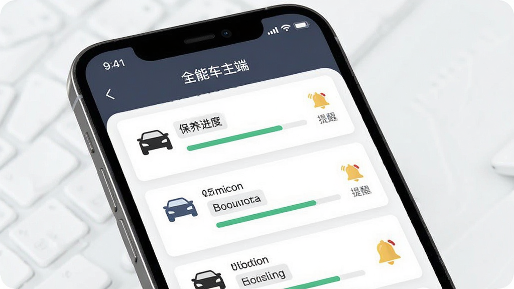 一张展示“全能车主端”车辆信息管理界面的预览图,主体为手机屏幕显示车辆档案卡片列表,布局为上下滑动式信息流,排版整洁,风格为简约商务风,细节包含车辆图标、保养进度条与提醒铃铛标识,画质高清,干净,无多余元素