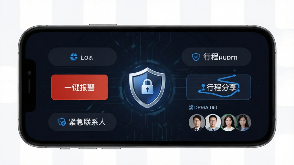 一张展示“全能车主端”安全护航中心功能的预览图,主体为手机屏幕显示安全功能面板,布局为盾牌图标居中四周环绕功能按钮,排版对称稳固,风格为深色安全科技风,细节包含一键报警按钮、行程分享路径与紧急联系人头像,画质高清,干净,无多余元素