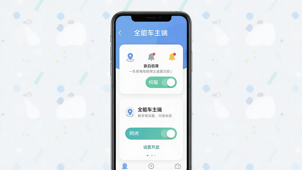 一张手机屏幕展示“全能车主端”新手设置引导页面的预览图,主体为手机竖屏界面,布局为分步骤权限开启提示卡片,排版清晰友好,风格为扁平化清新设计,细节包含定位图标、通知铃铛与权限开关按钮,画质高清,干净,无多余元素