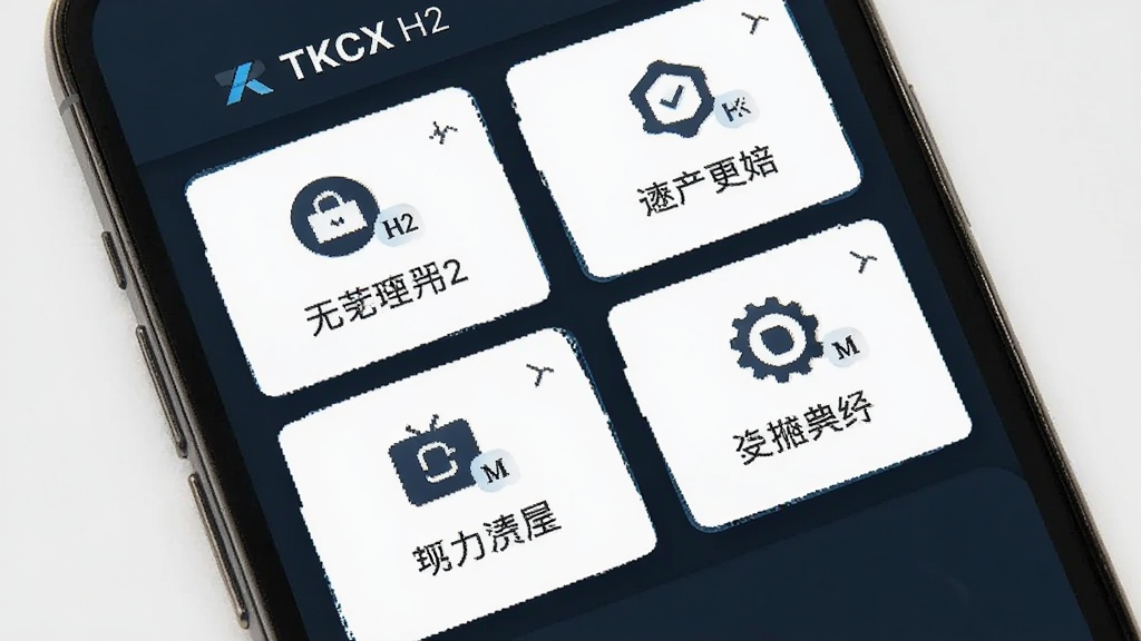 һ���ֻ���Ļ��д����ʾ TKCX H2 Ӧ�õĹ���ģ����棬������ܿ�Ƭ�������У�ÿ����Ƭ����ͼ�������˵��������Ϊ��ɫ�����ͳһ�������������ɼ���TKCX H2��Ӧ�����ƣ���������������������Ԫ��