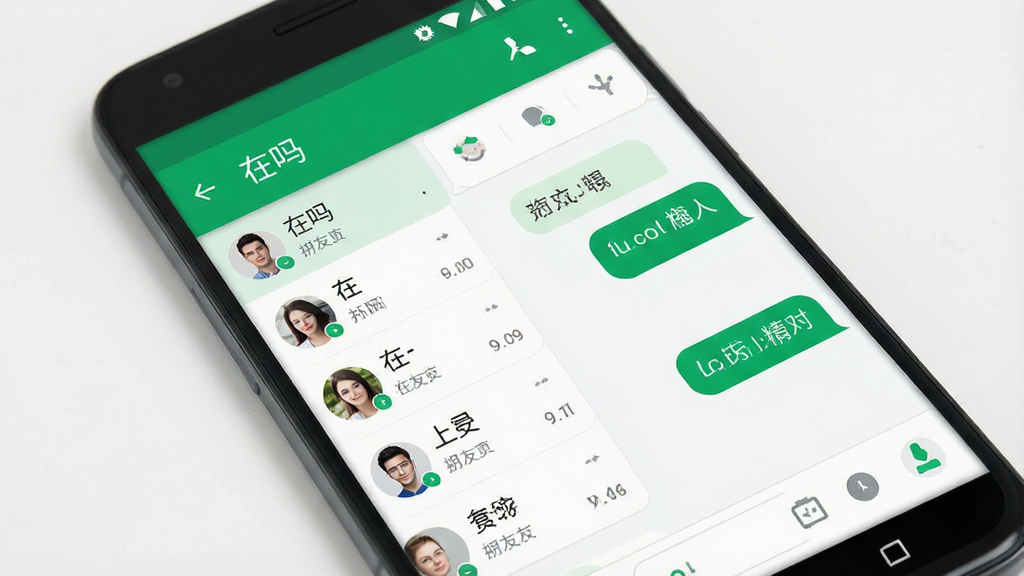 一张展示手机聊天软件界面的图片,画面中央是一部安卓手机,屏幕上显示“在吗”聊天应用的主界面,包含好友列表和聊天气泡,整体布局简洁清晰,风格为现代扁平化设计,细节上突出绿色与白色的主色调,画质高清,画面干净,无多余元素