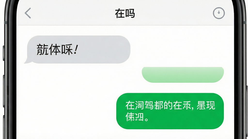 一张展示“在吗”软件聊天界面的图片,画面主体为手机屏幕,屏幕中显示两个聊天气泡,左侧为灰色,右侧为绿色,背景为白色,布局采用上下结构,风格清新简约,细节上突出气泡圆角与文字清晰度,画质高清,画面干净,无多余元素