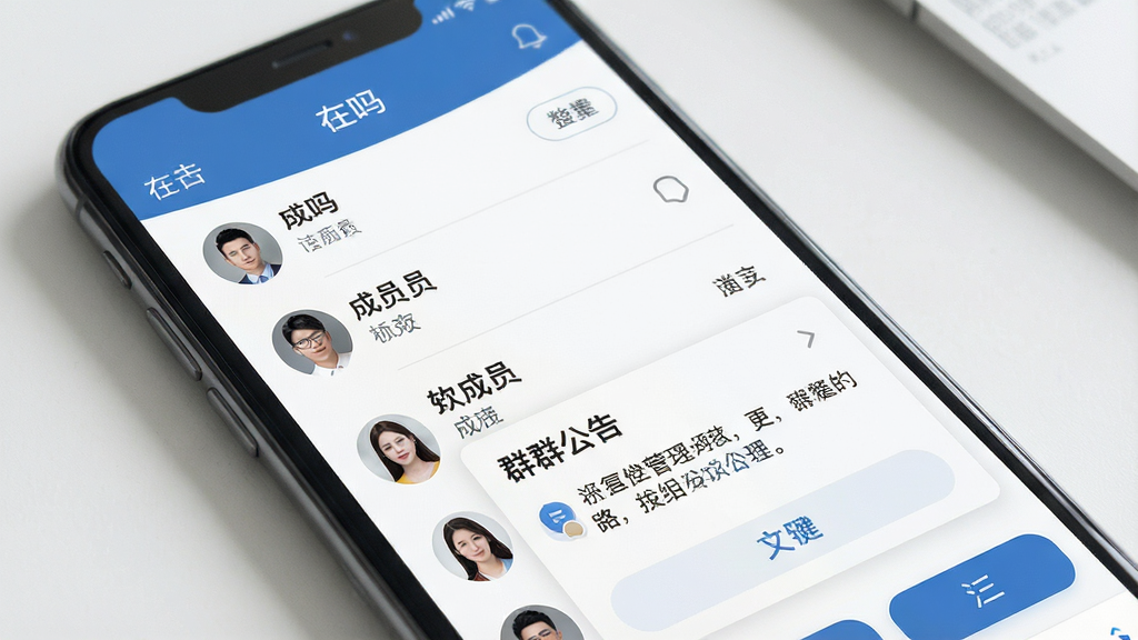 一张展示“在吗”软件群组管理界面的图片,画面主体为手机屏幕,屏幕中显示群成员列表与群公告区域,布局采用上下分区,风格简洁商务,细节上突出头像排列与功能按钮,画质高清,画面干净,无多余元素