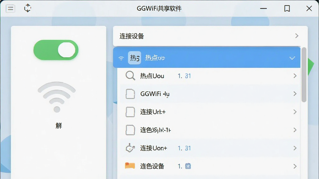 GGWiFi共享软件界面截图,主体为软件主界面,布局居中展示,排版清晰,风格简洁现代,细节包含热点开关按钮和连接设备列表,画质清晰,干净,无多余元素