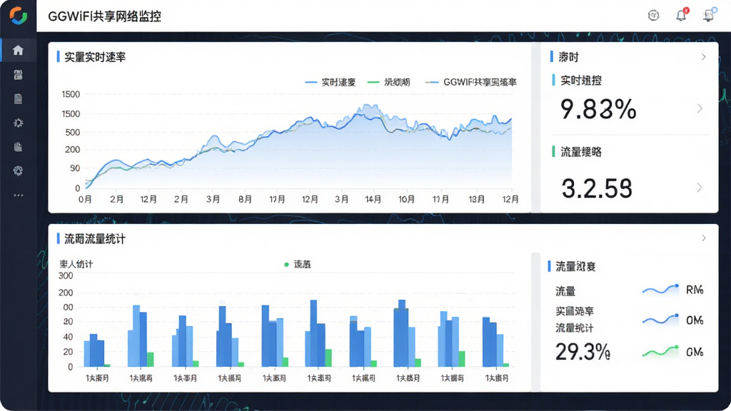 GGWiFi共享网络监控图表界面,主体为数据可视化面板,布局上方为实时速率下方为流量统计,排版清晰,风格专业,细节包含折线图和数字指标,画质清晰,干净,无多余元素