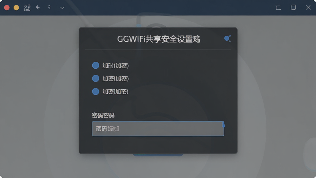 GGWiFi共享安全设置界面,主体为密码配置面板,布局居中显示,排版简洁,风格稳重,细节包含加密选项和密码输入框,画质清晰,干净,无多余元素