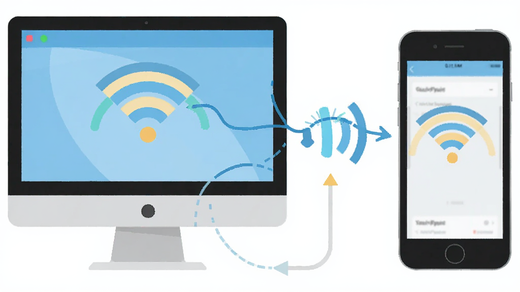 GGWiFi共享操作教程示意图,主体为电脑和手机连接场景,布局左侧电脑右侧手机,排版横向,风格扁平化,细节包含WiFi信号连接线,画质清晰,干净,无多余元素