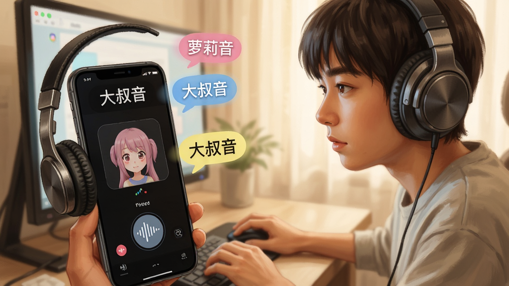 一位年轻用户戴着耳机坐在电脑前,面前手机显示声优变声器大师的实时变声界面,画面中飘浮着各种声音气泡如“萝莉音”、“大叔音”,采用写实插画风格,色调温暖明亮,细节展现耳机的质感与手机屏幕的发光效果,画质细腻,干净,无多余元素。