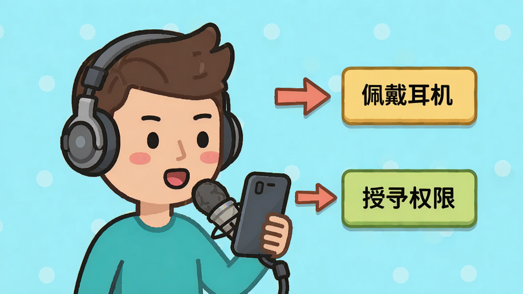 声优变声器大师的新手引导界面截图,画面中一位卡通人物戴着耳机对着手机麦克风说话,旁边有箭头指向“佩戴耳机”和“授予权限”的提示框,采用扁平卡通风格,色彩明快,细节清晰,画质干净,无多余元素。