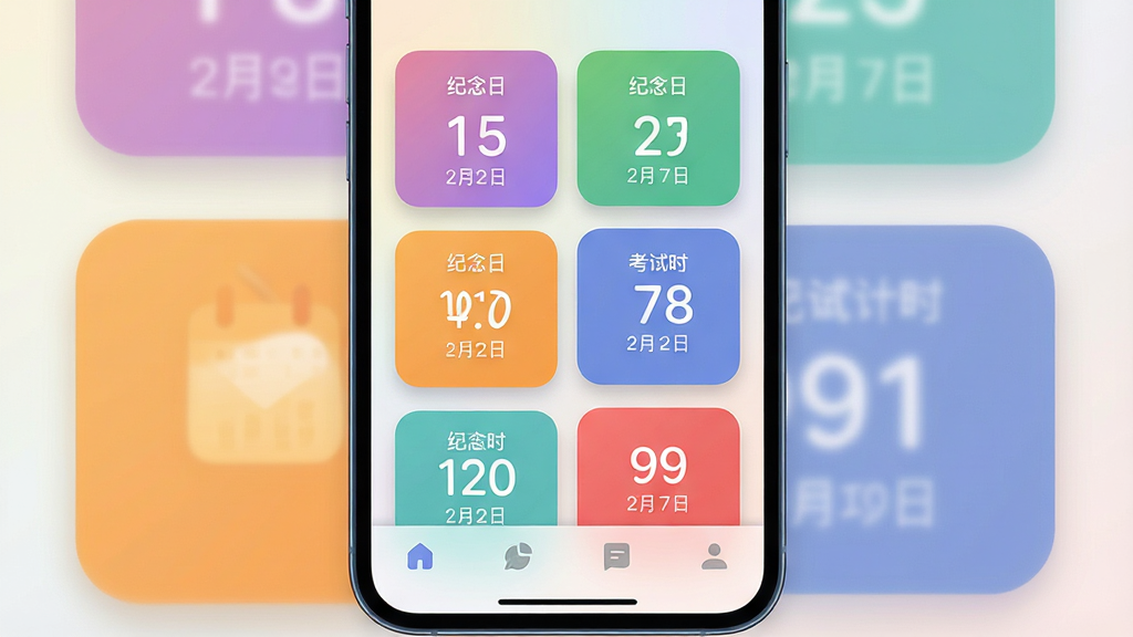 一张手机屏幕展示倒数Day纪念日软件的主界面,界面中央排列着多个彩色倒数卡片,分别显示生日、纪念日、考试倒计时等事件,卡片上有醒目的天数数字和对应日期,背景为柔和的渐变浅色,整体布局简洁清晰,风格为现代扁平化UI设计,细节包括圆角卡片、柔和阴影、底部导航栏,画质高清,画面干净,无多余元素。