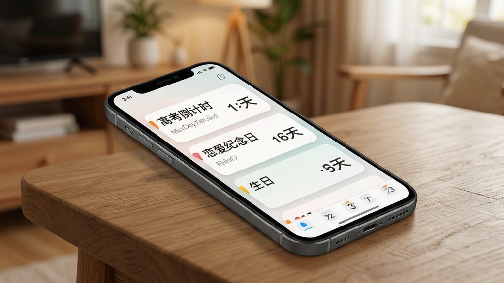 一张倒数Day纪念日软件的功能展示图,画面中一部手机放置在木质桌面上,屏幕显示多个倒数事件卡片,卡片上有“高考倒计时”“恋爱纪念日”“生日”等文字标签,每个卡片右侧有天数数字,背景为温馨的室内环境,风格为写实摄影加UI合成,细节包括手机边框、桌面纹理、柔和光线,画质高清,画面干净,无多余元素。